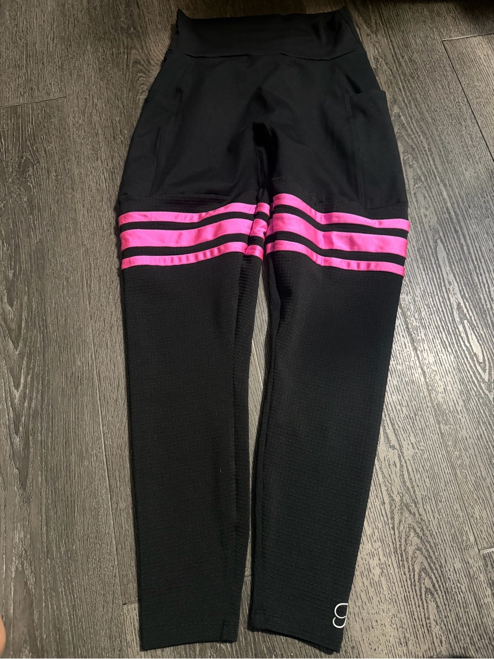 Bombshell sportswear thigh high Black Leggings with Pink Stripes